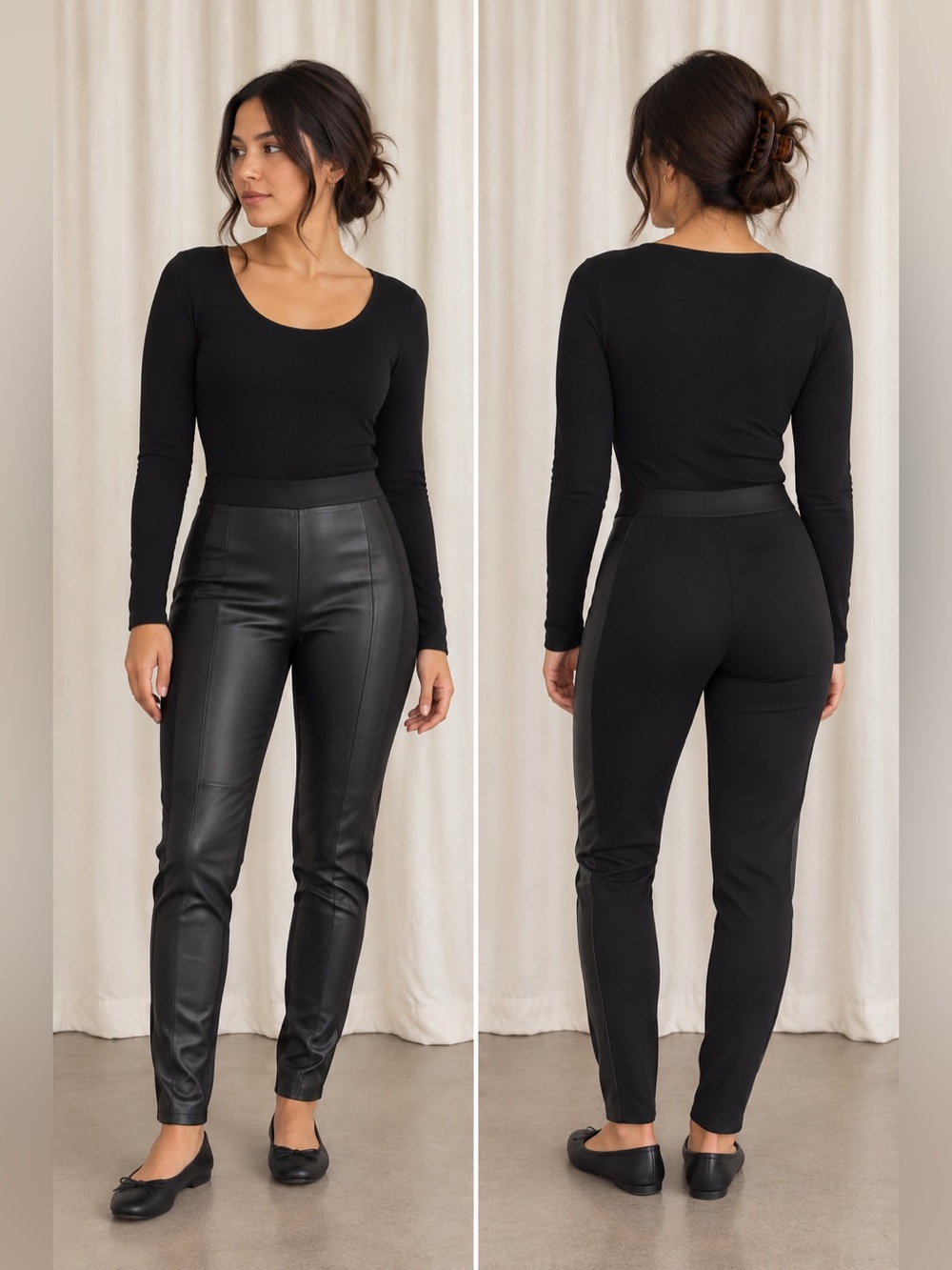 Eileen fisher leather panel ponte leggings black size xs